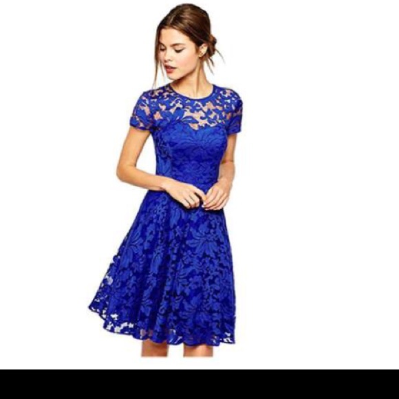 Round Neck Short Sleeved Pleated Dress, Blue M - Picture 1 of 4